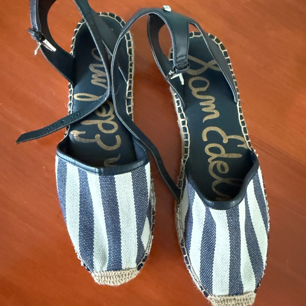 Sam Edelman Navy and White Striped Espadrille Wedge Sandals